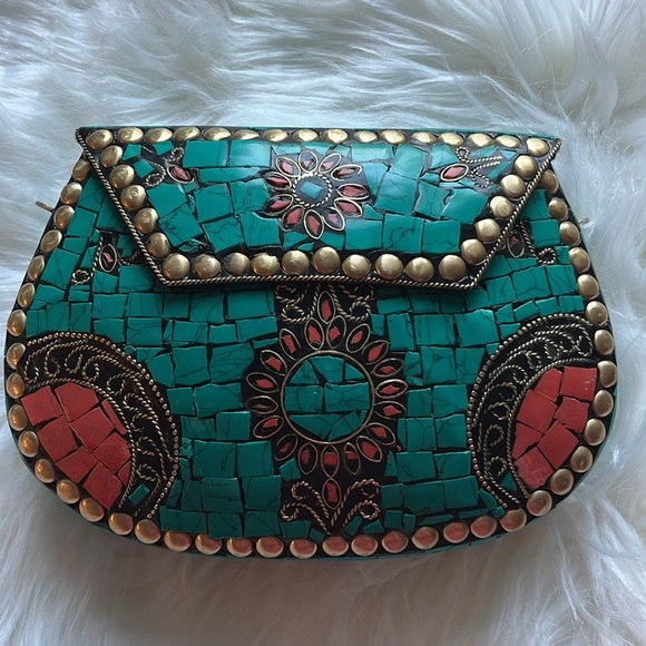 Ramla Handbags - RAMLA Handmade Moroccan Turquoise Tile Mosaic Clutch Crossbody Bag Gold Chain